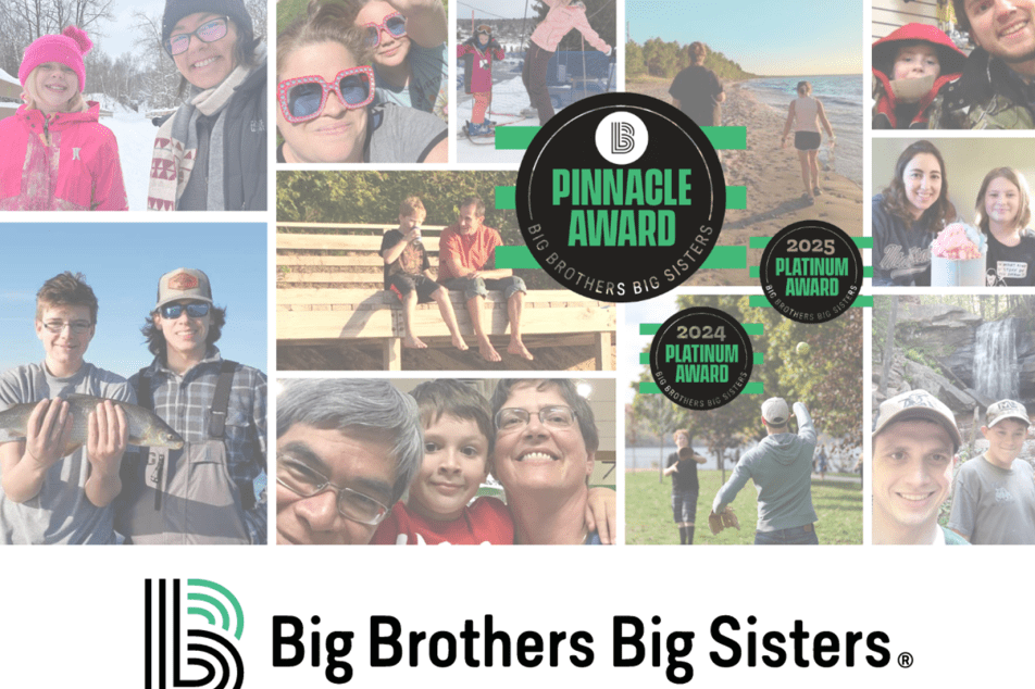 Photo Collage of BBBS Mentoring Matches with BBBS and Pinnacle Award Logos.