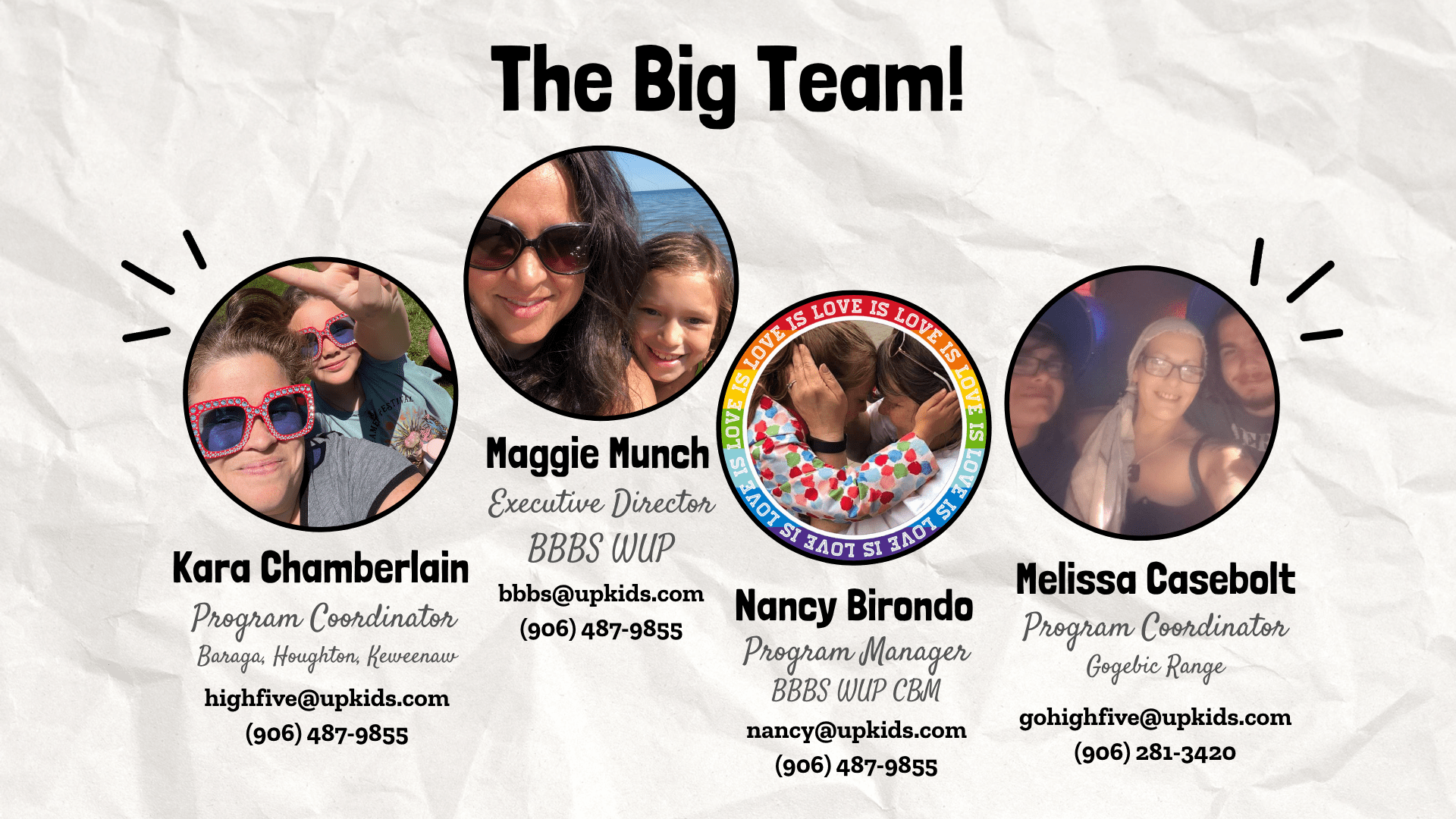 Flyer with Profile Pictures and Contact Info for BBBS Staff